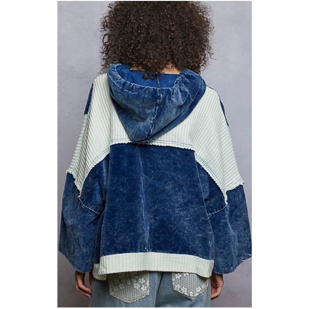 POL Mineral Wash Blue Laser Cut Button Down Loose Fit Hoodie Top - Picture 2 of 3